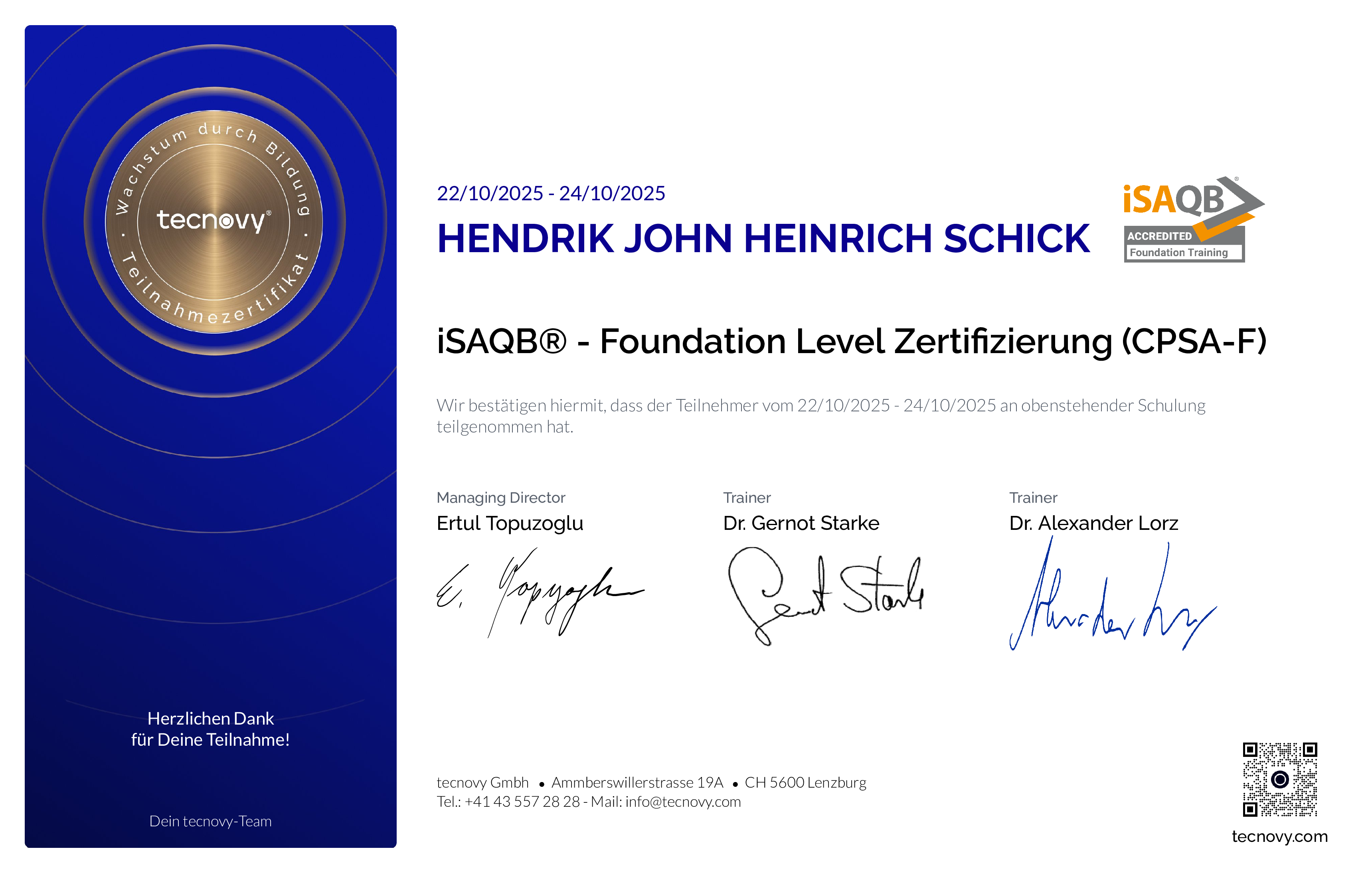 Preview of the certificate of Hendrik John Heinrich Schick