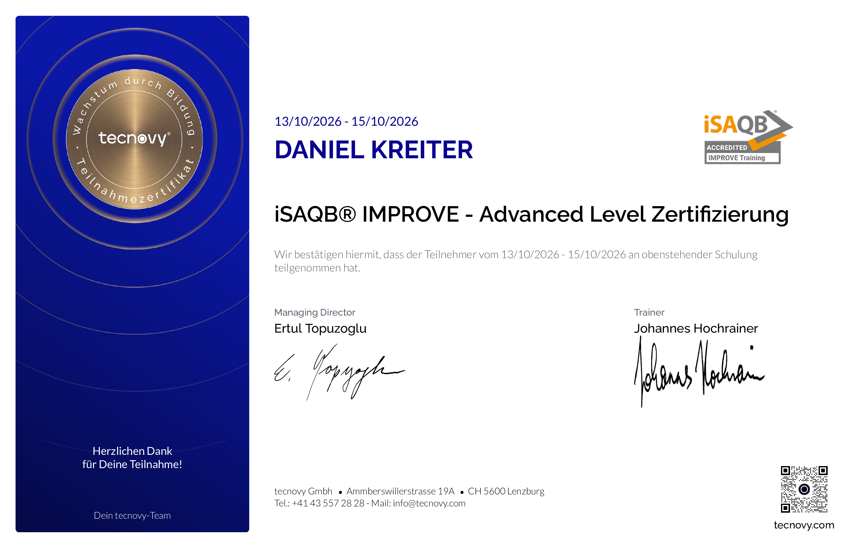 Preview of the certificate of Daniel Kreiter