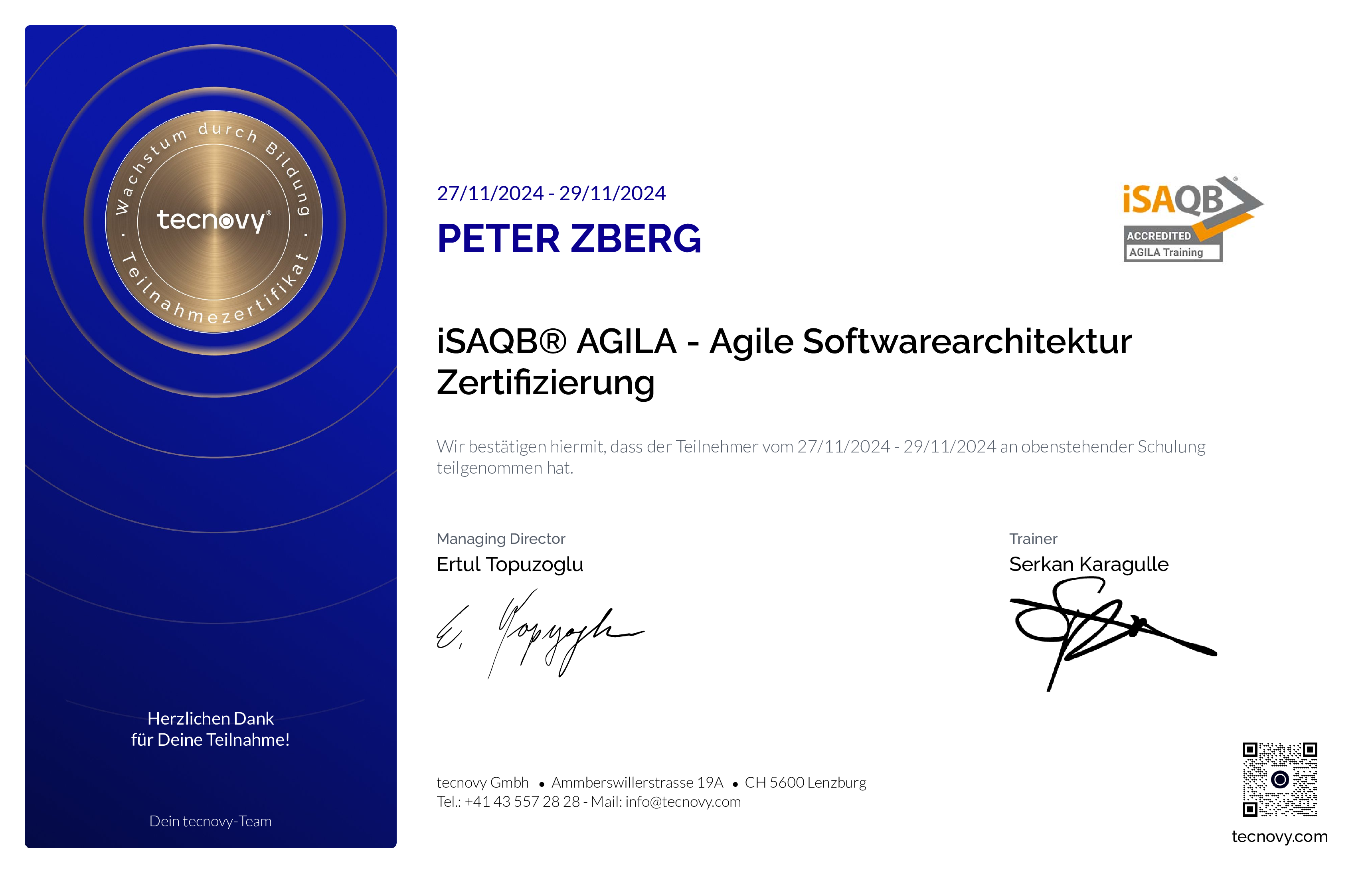 Preview of the certificate of Peter Zberg