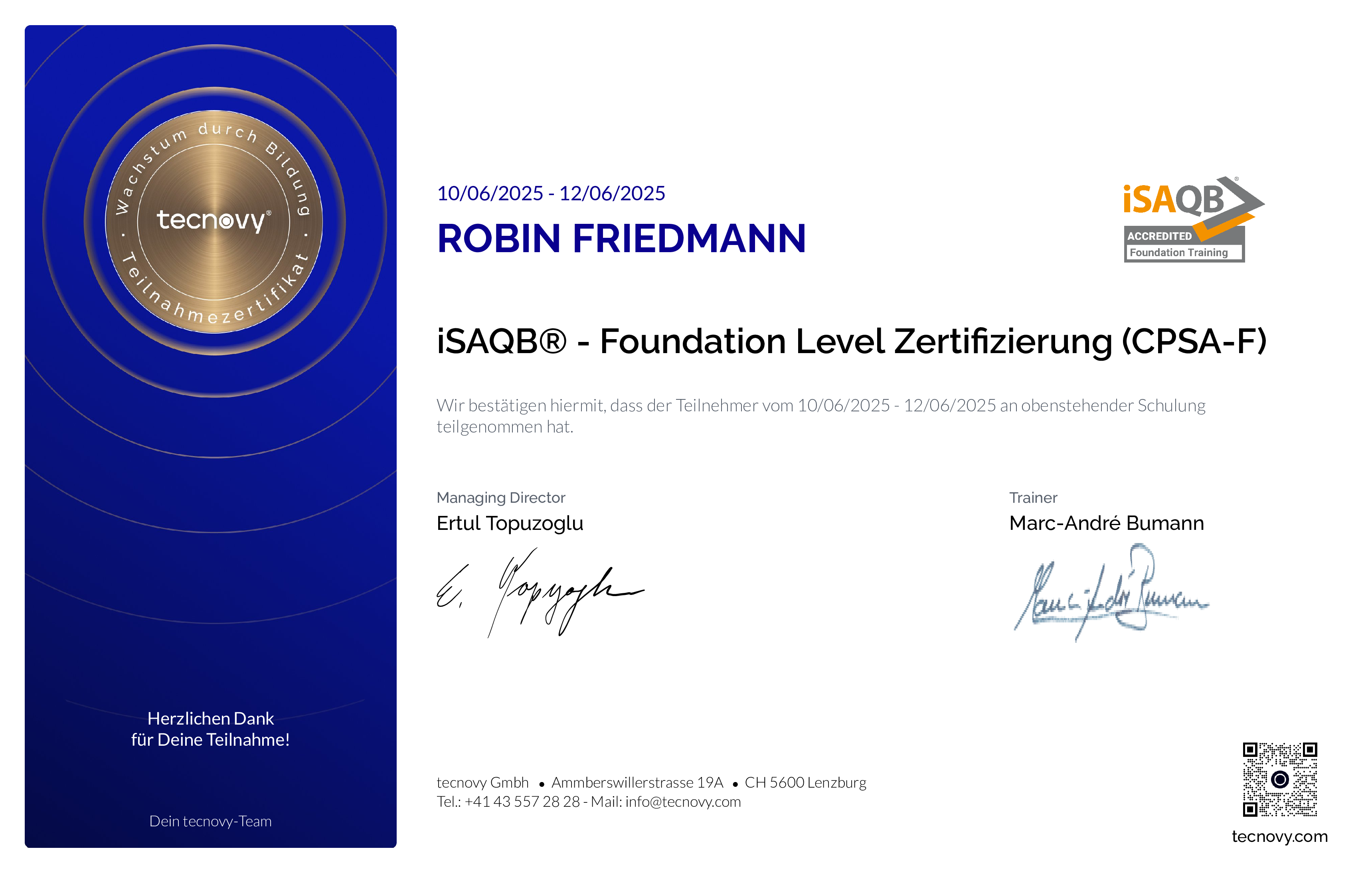Preview of the certificate of Robin Friedmann