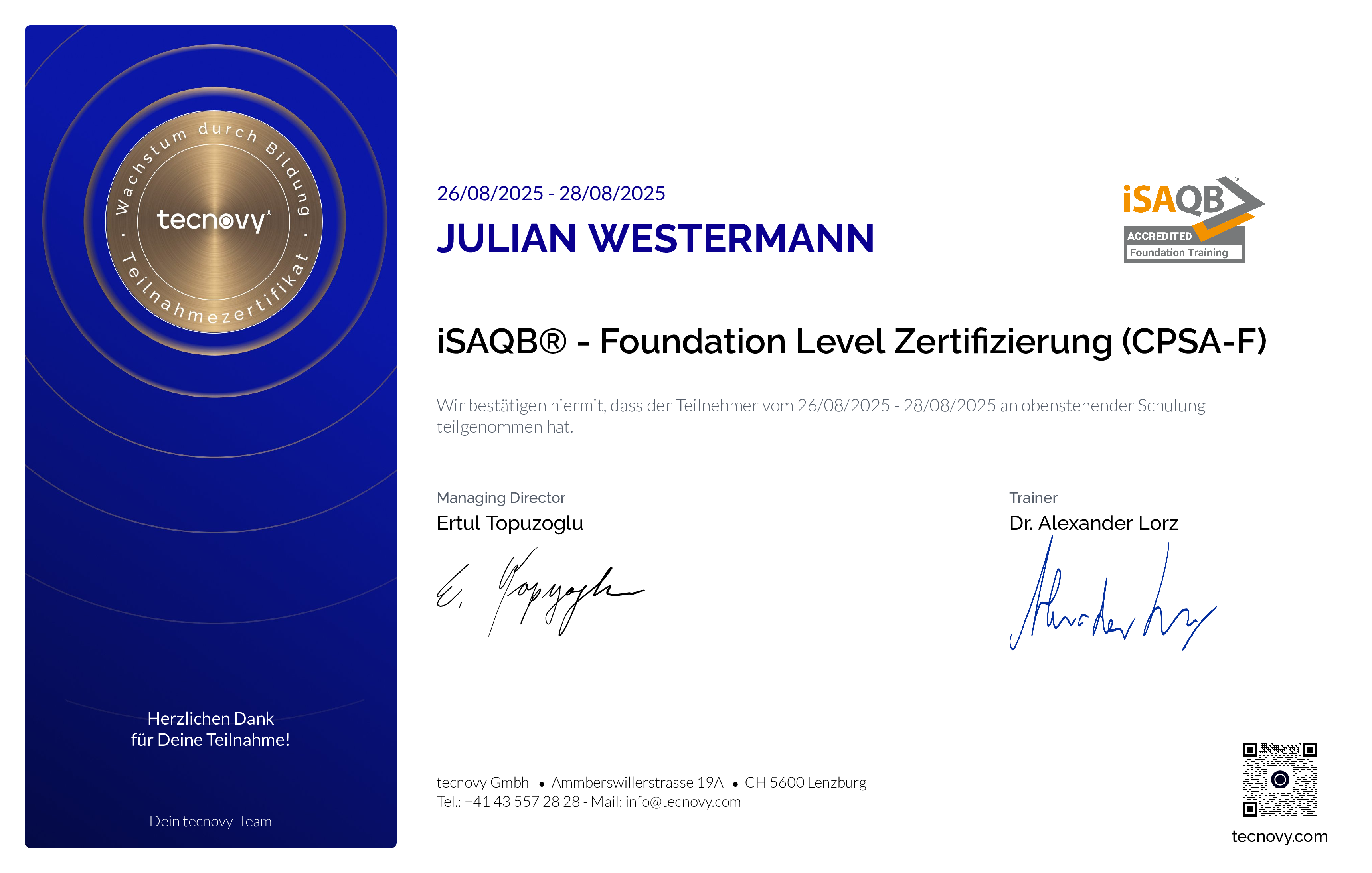 Preview of the certificate of Julian Westermann