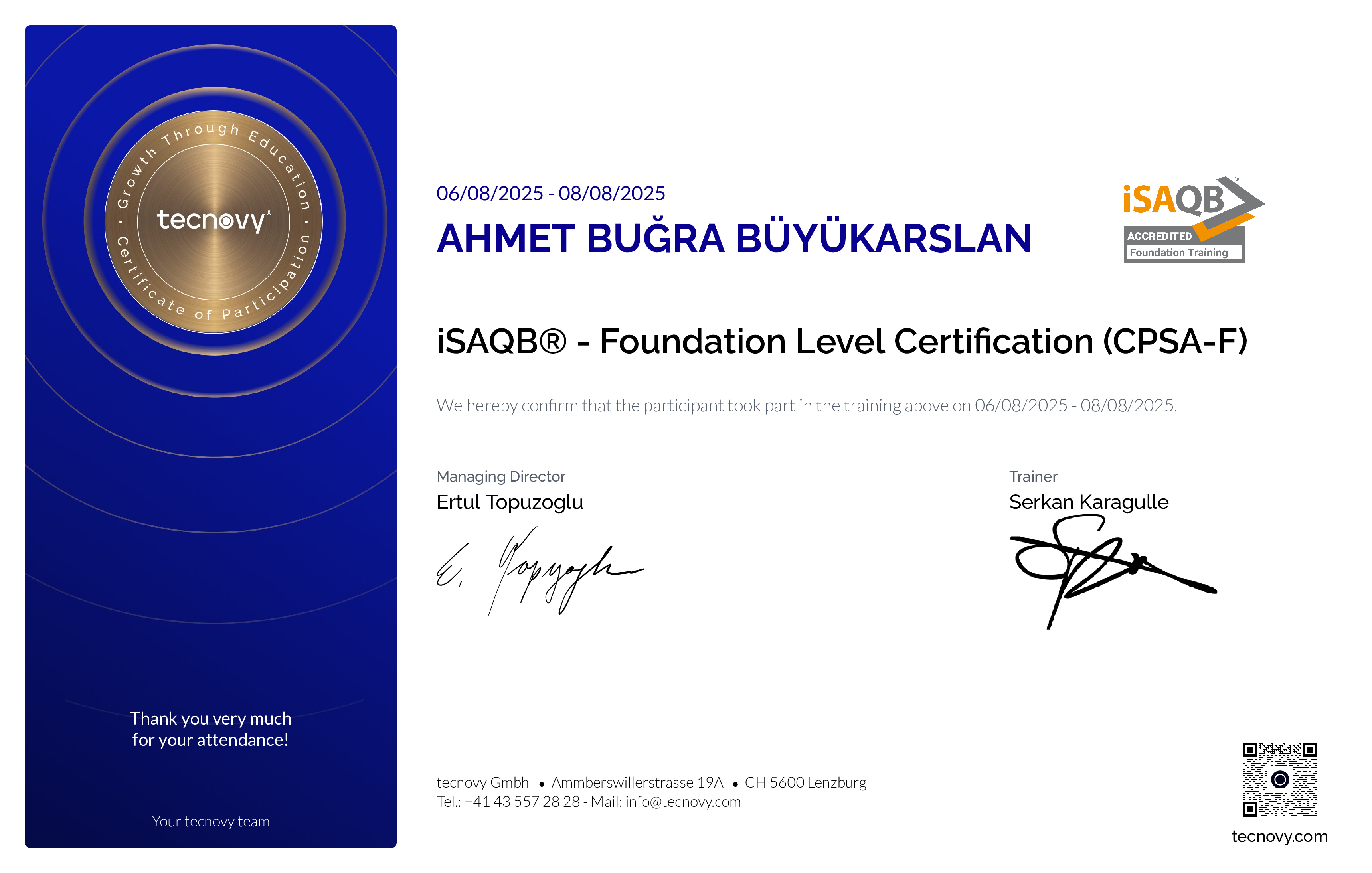 Preview of the certificate of Ahmet Buğra Büyükarslan