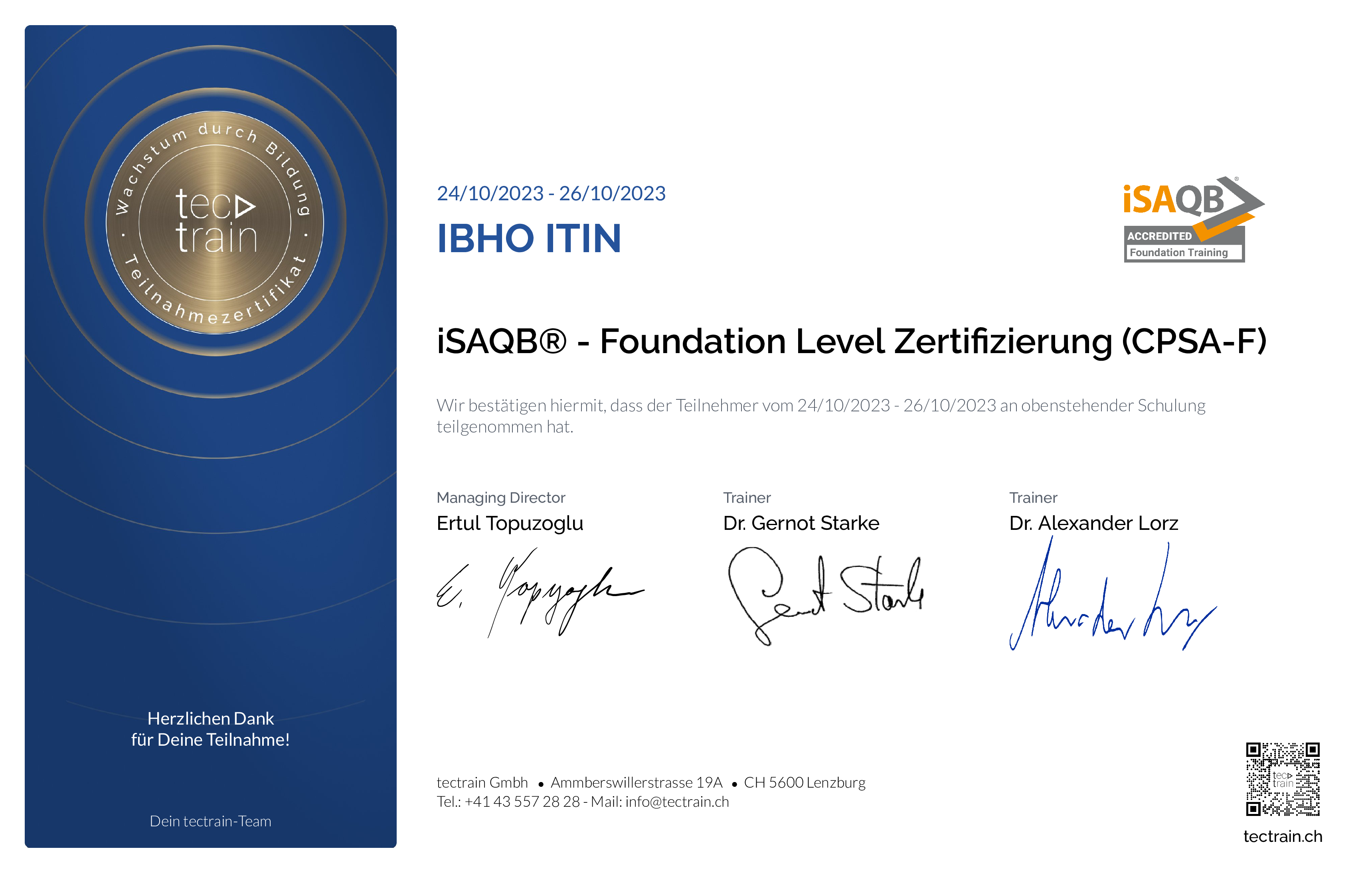 Preview of the certificate of Ibho Itin