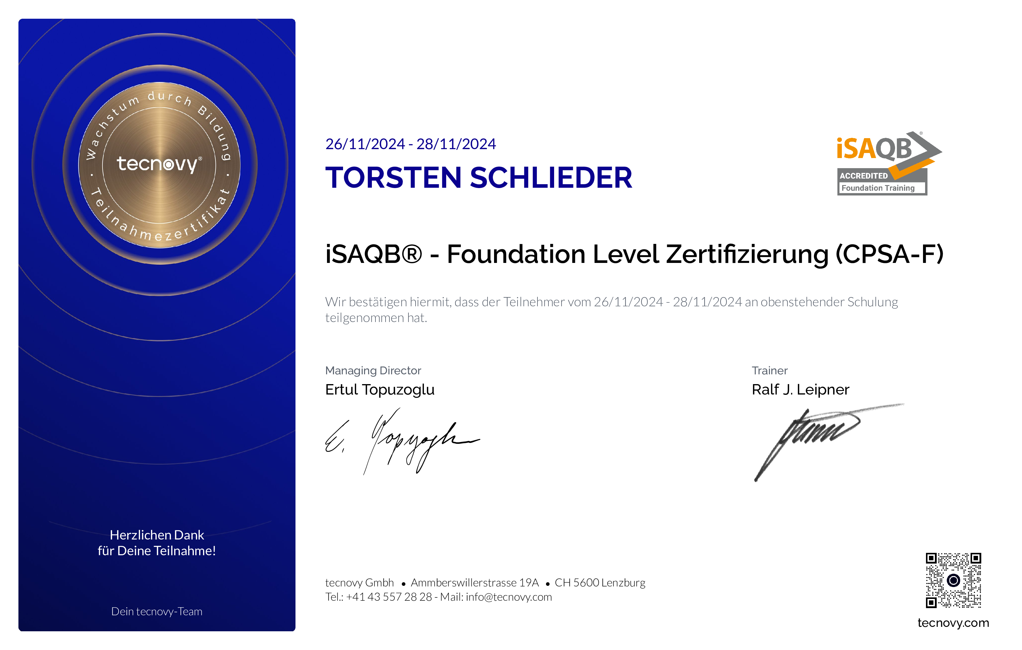 Preview of the certificate of Torsten Schlieder