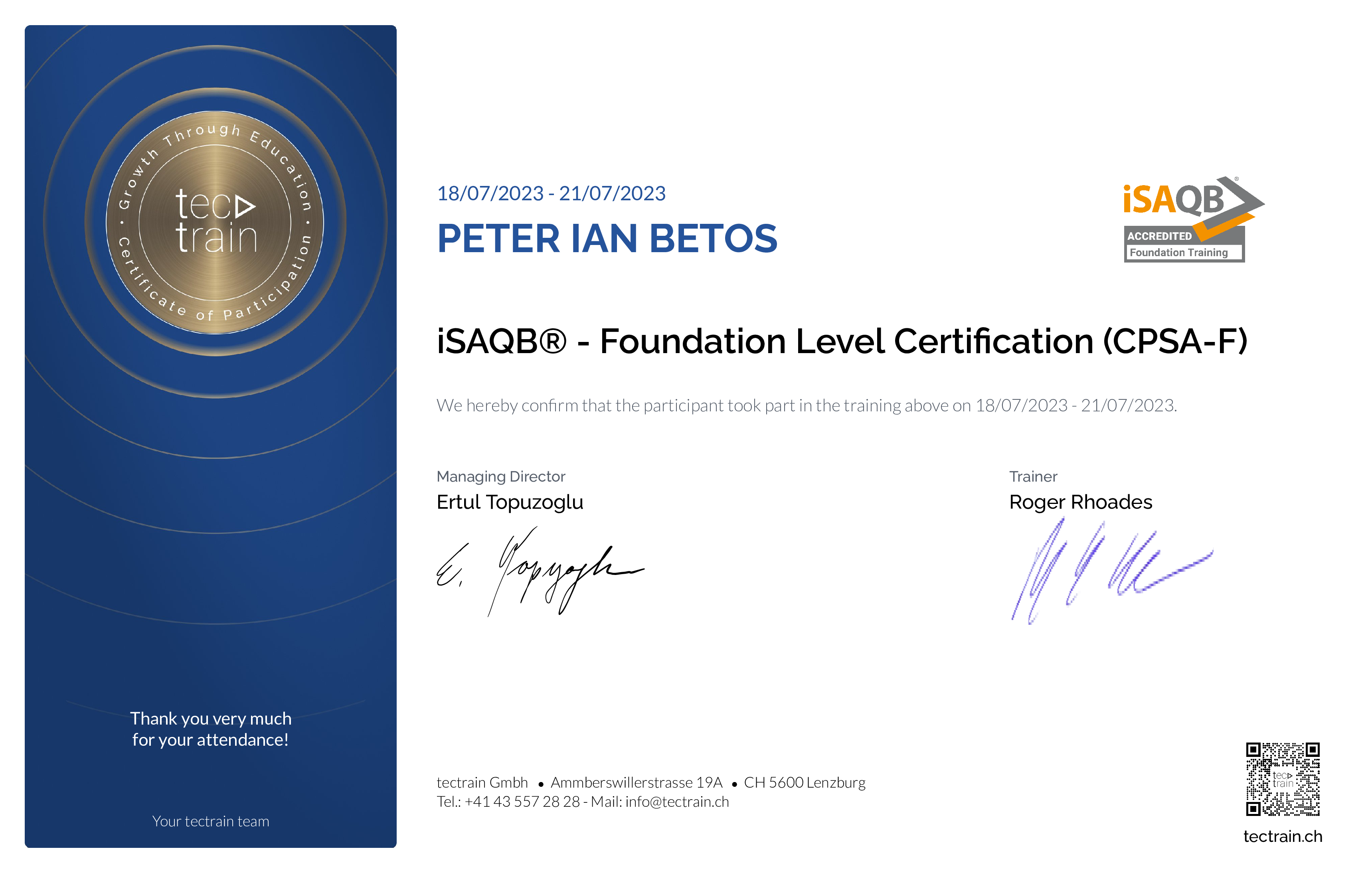 Preview of the certificate of Peter Ian Betos