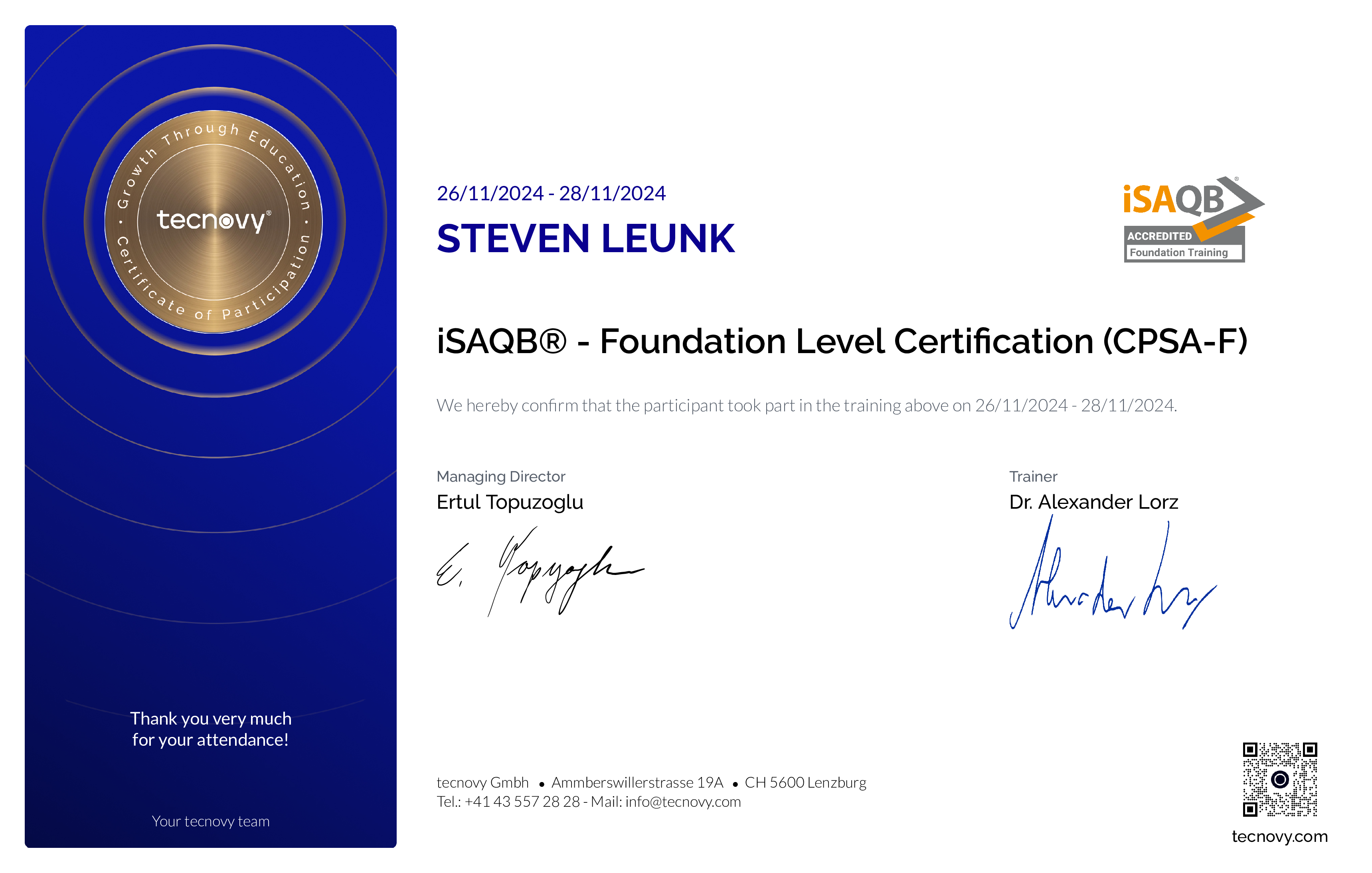 Preview of the certificate of Steven Leunk