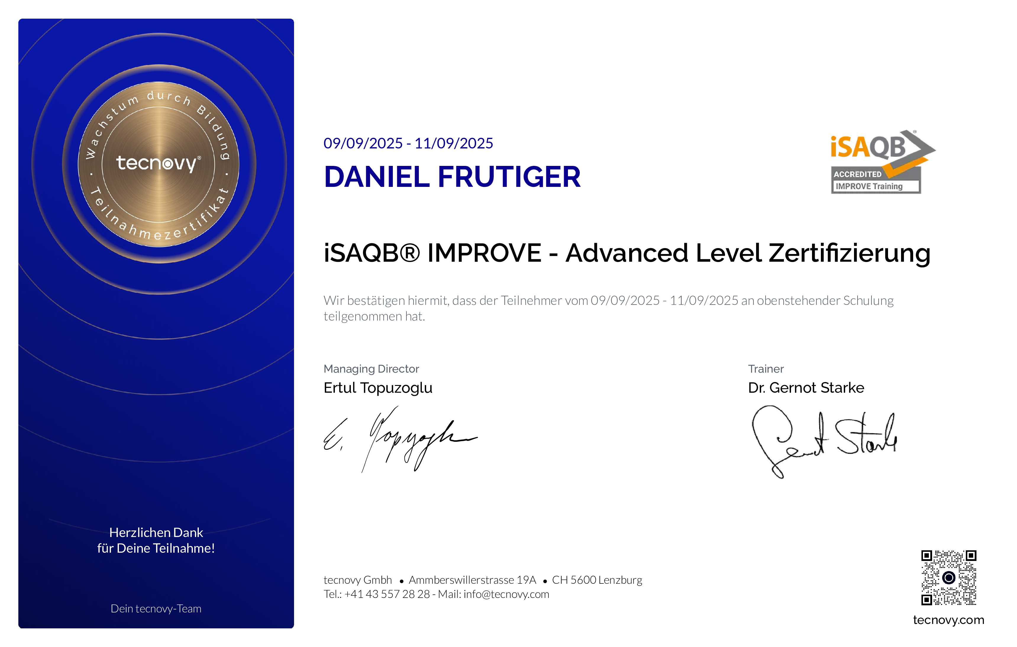 Preview of the certificate of Daniel Frutiger