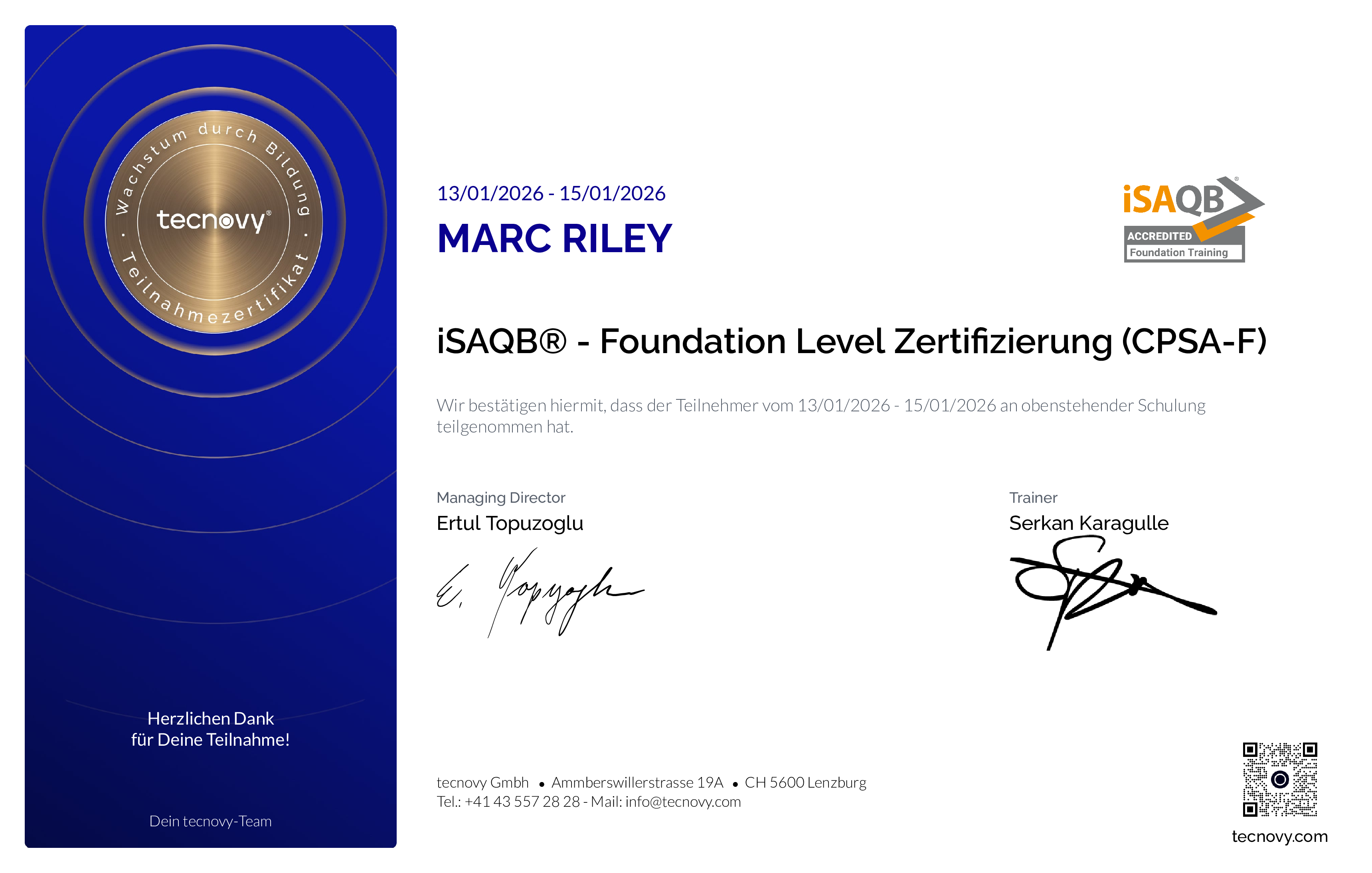 Preview of the certificate of Marc Riley