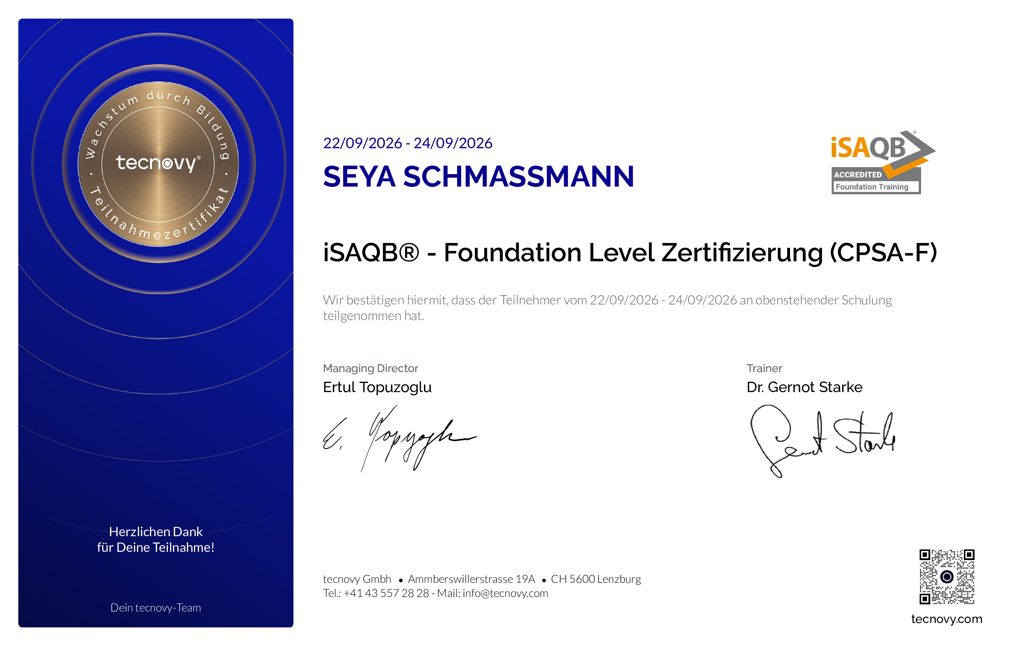 Preview of the certificate of Seya Schmassmann