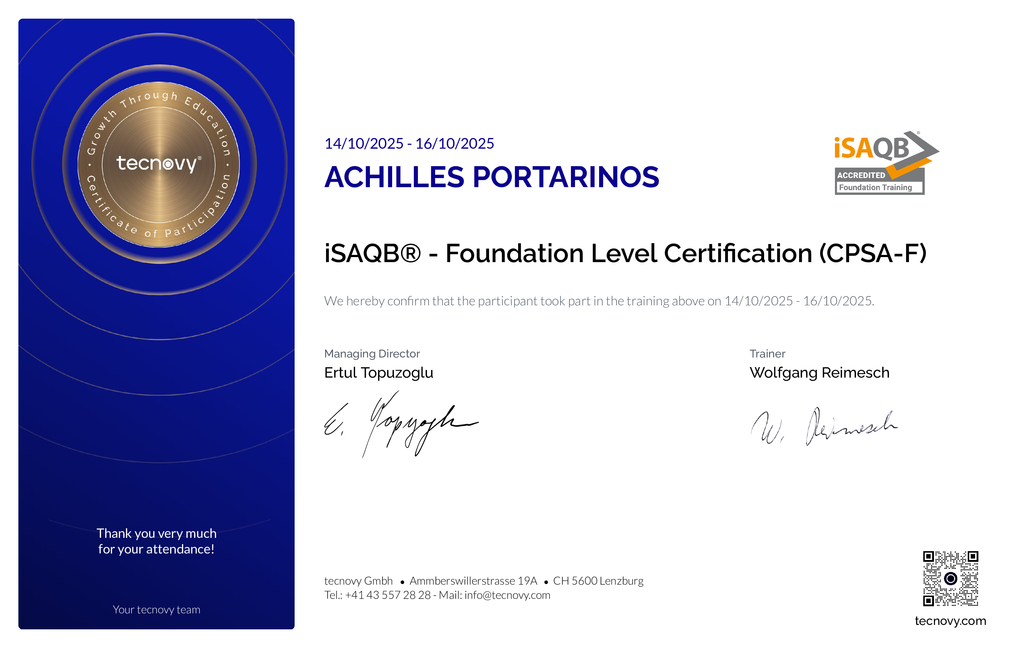 Preview of the certificate of Achilles Portarinos