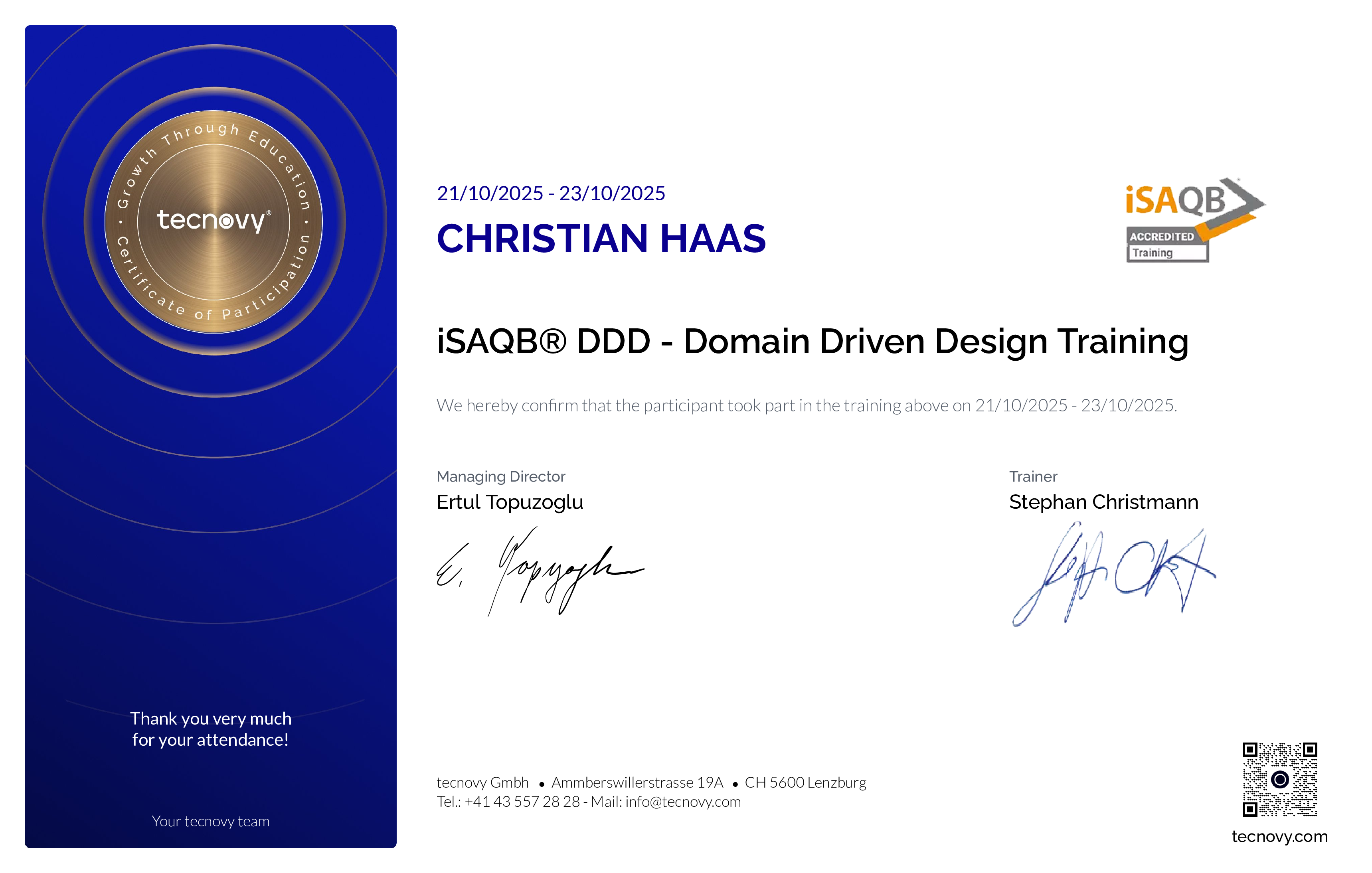 Preview of the certificate of Christian Haas
