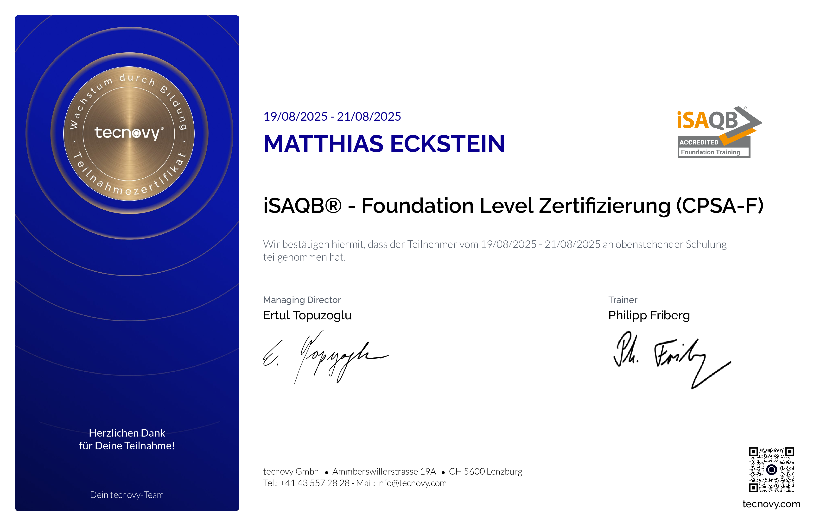 Preview of the certificate of Matthias Eckstein