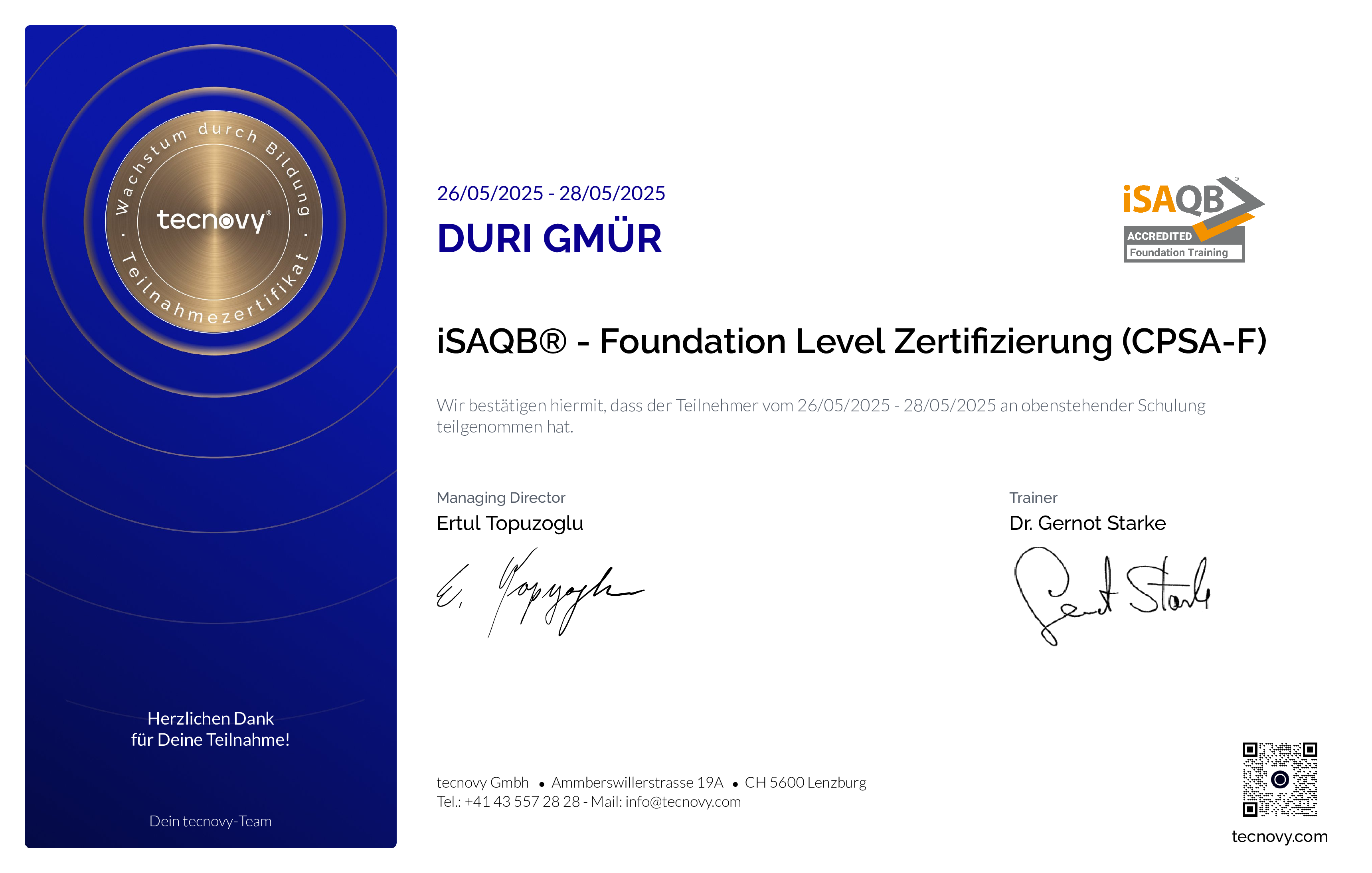 Preview of the certificate of Duri Gmür