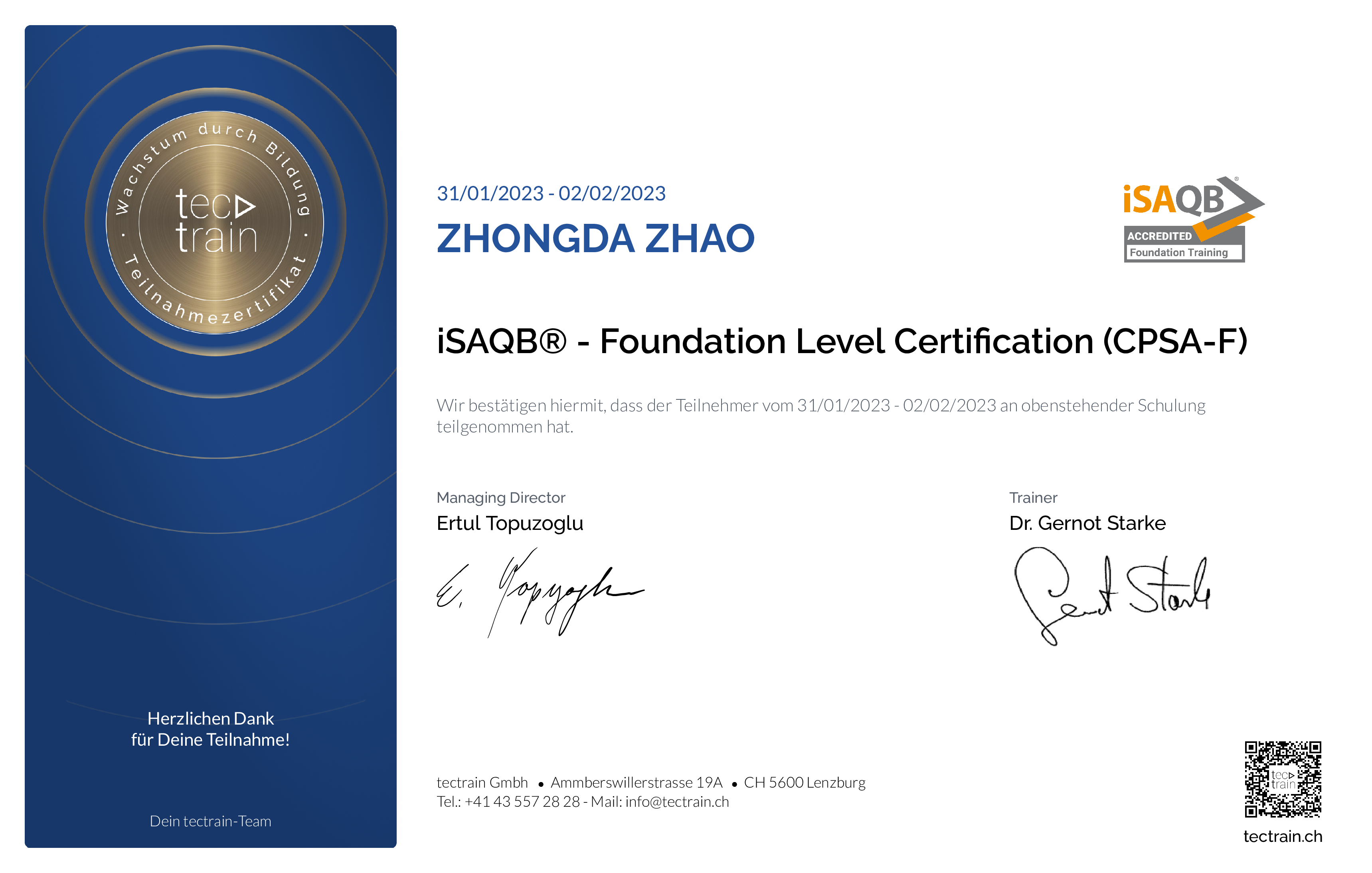 Preview of the certificate of Zhongda Zhao