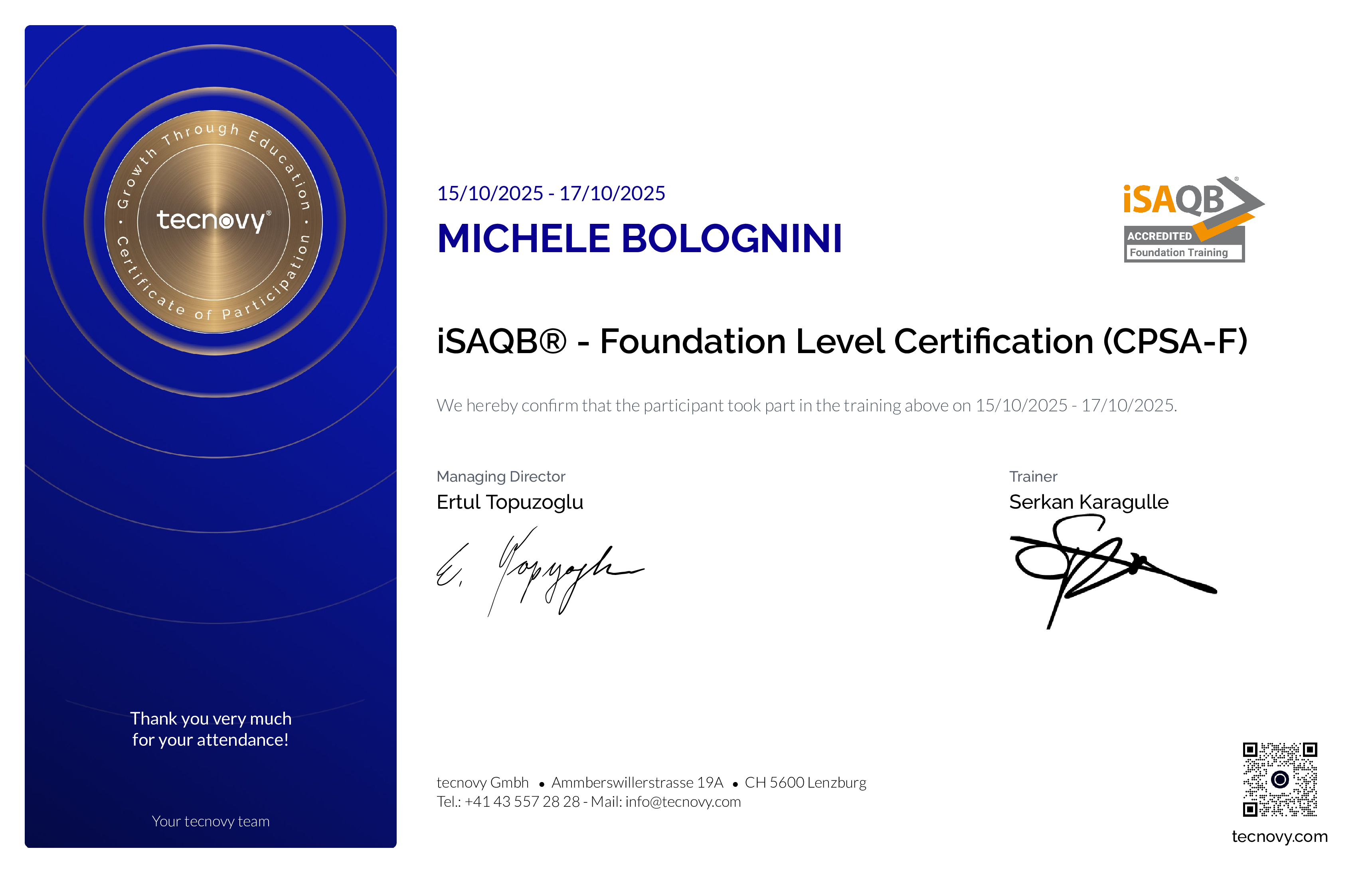 Preview of the certificate of Michele Bolognini