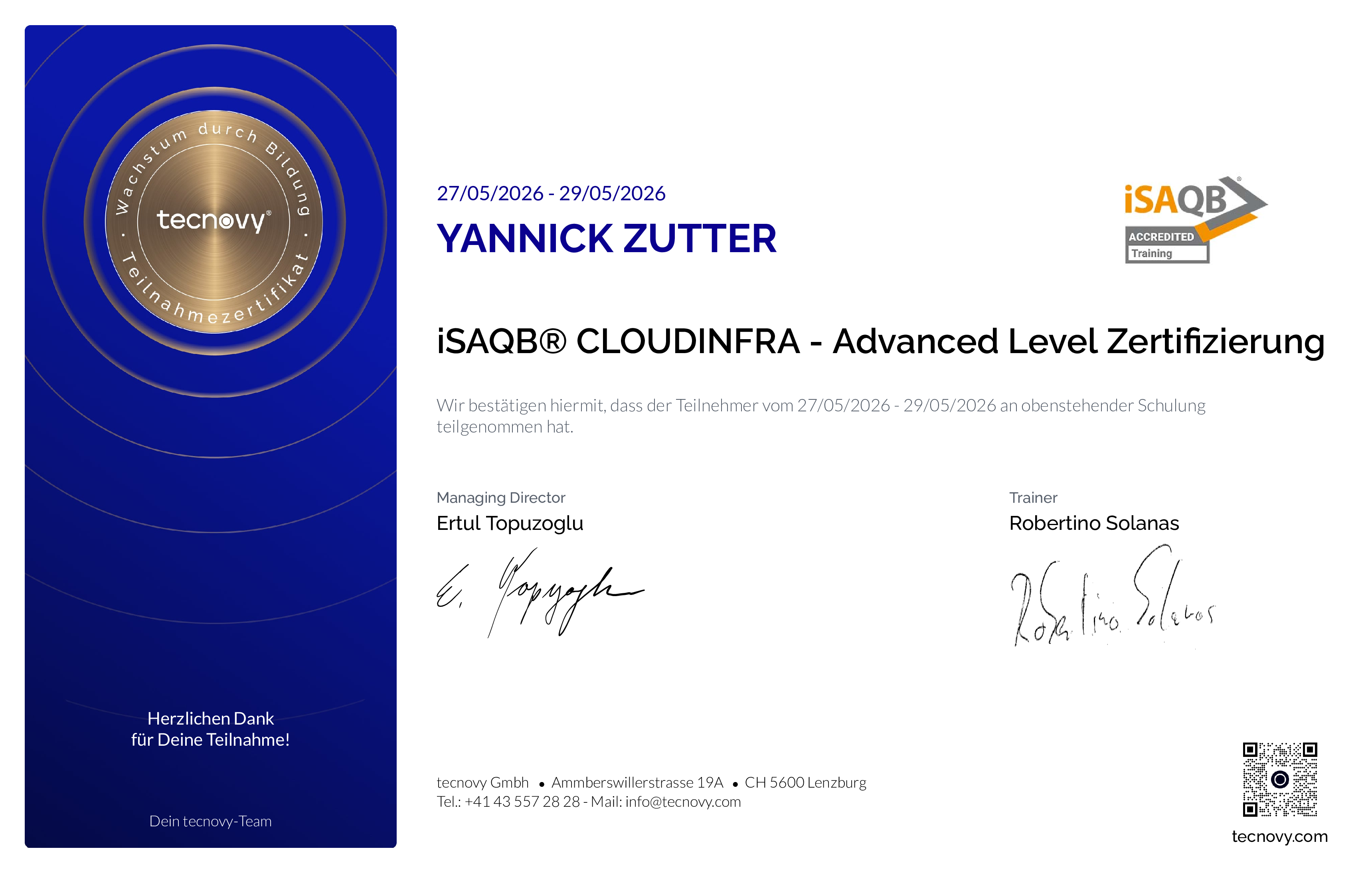 Preview of the certificate of Yannick Zutter