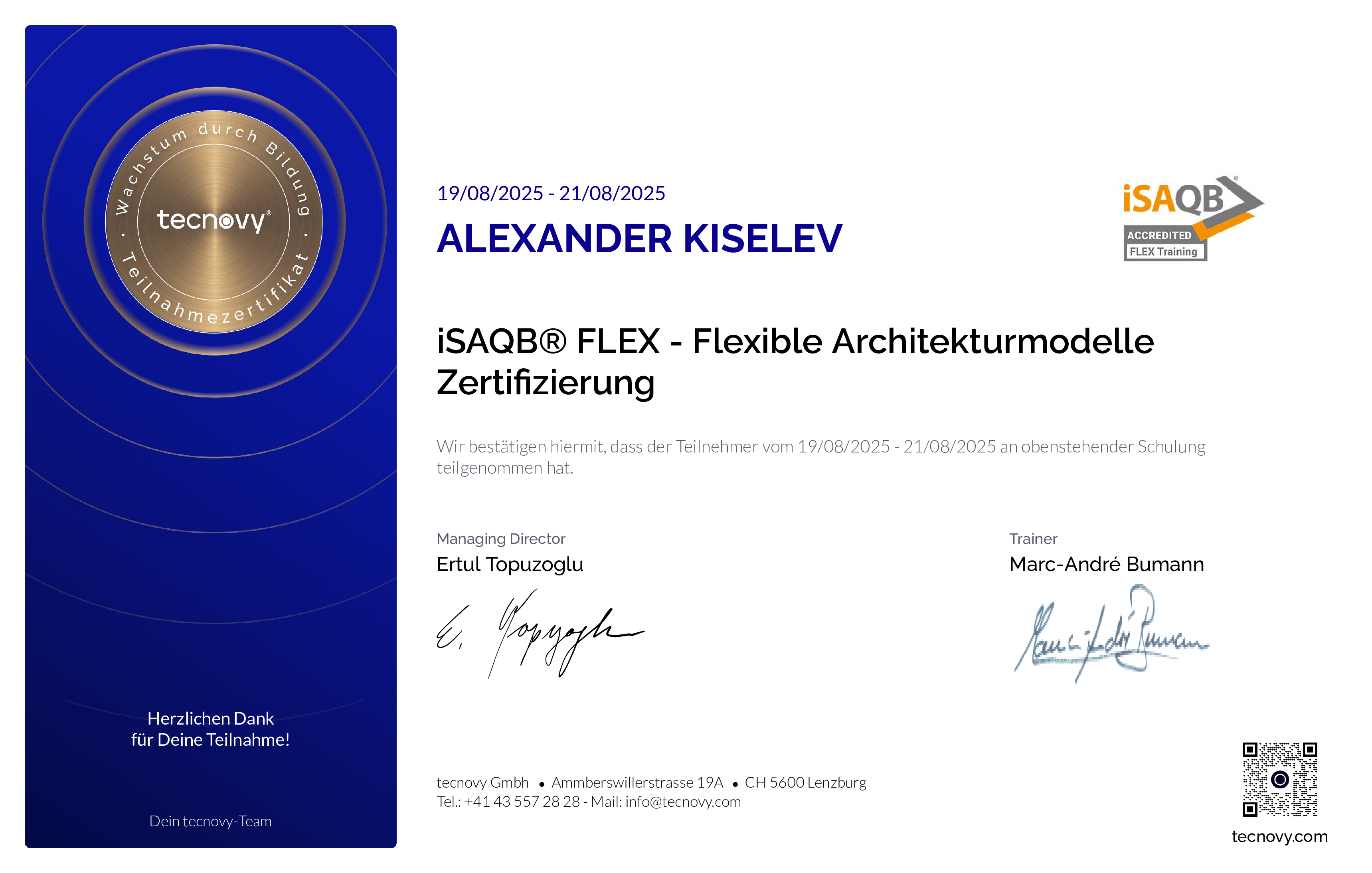 Preview of the certificate of Alexander Kiselev