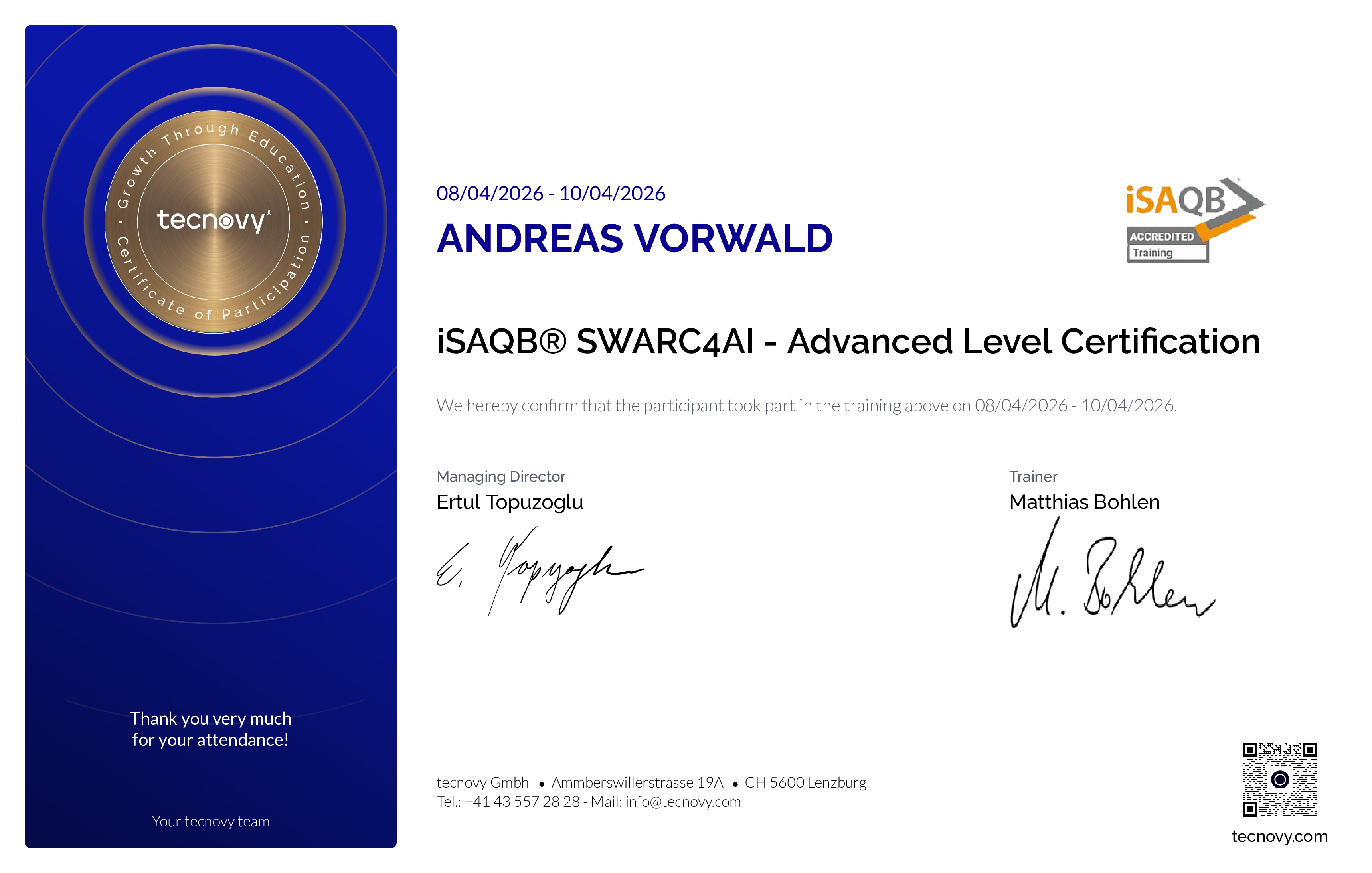 Preview of the certificate of Andreas Vorwald