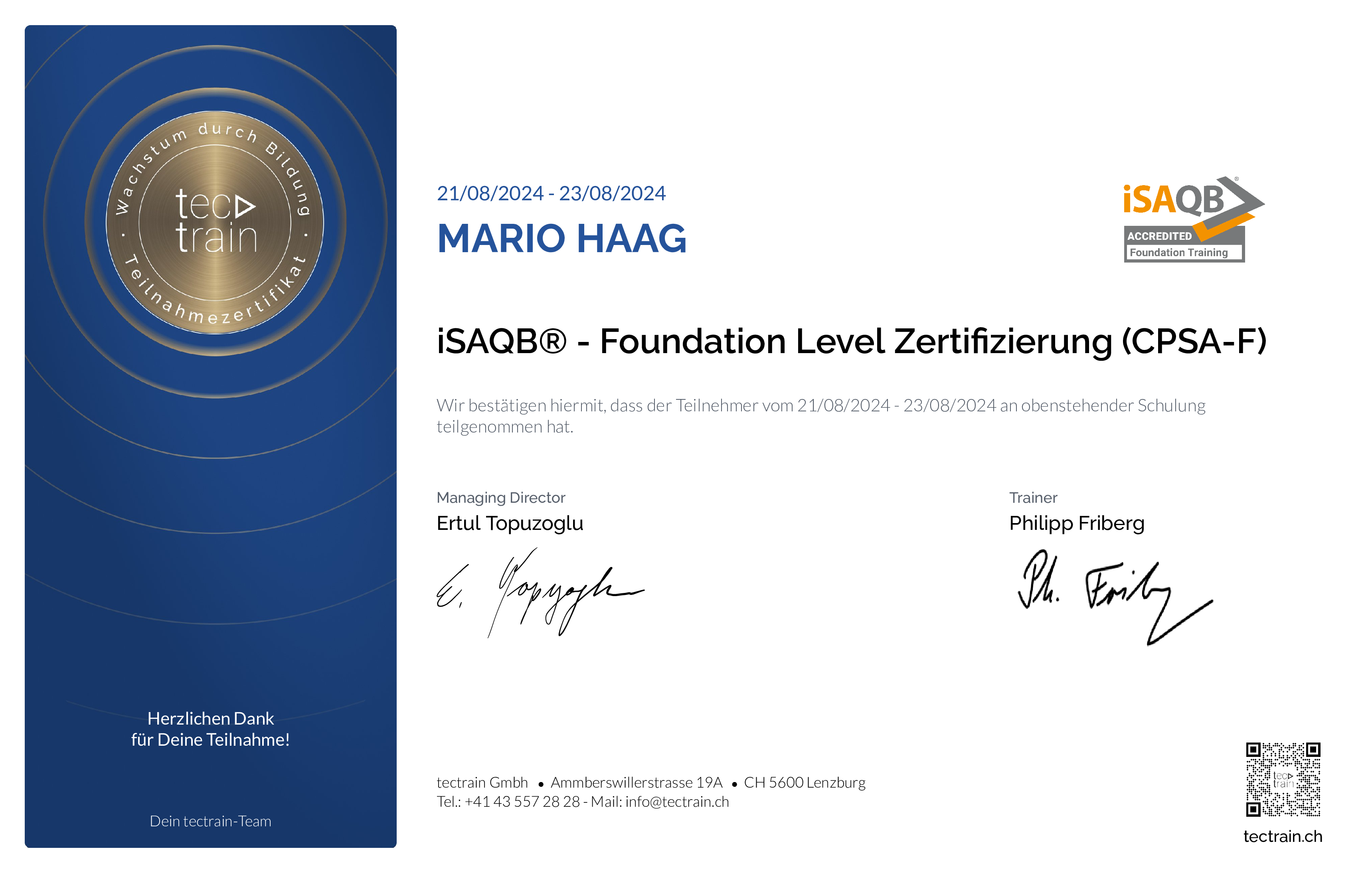 Preview of the certificate of Mario Haag