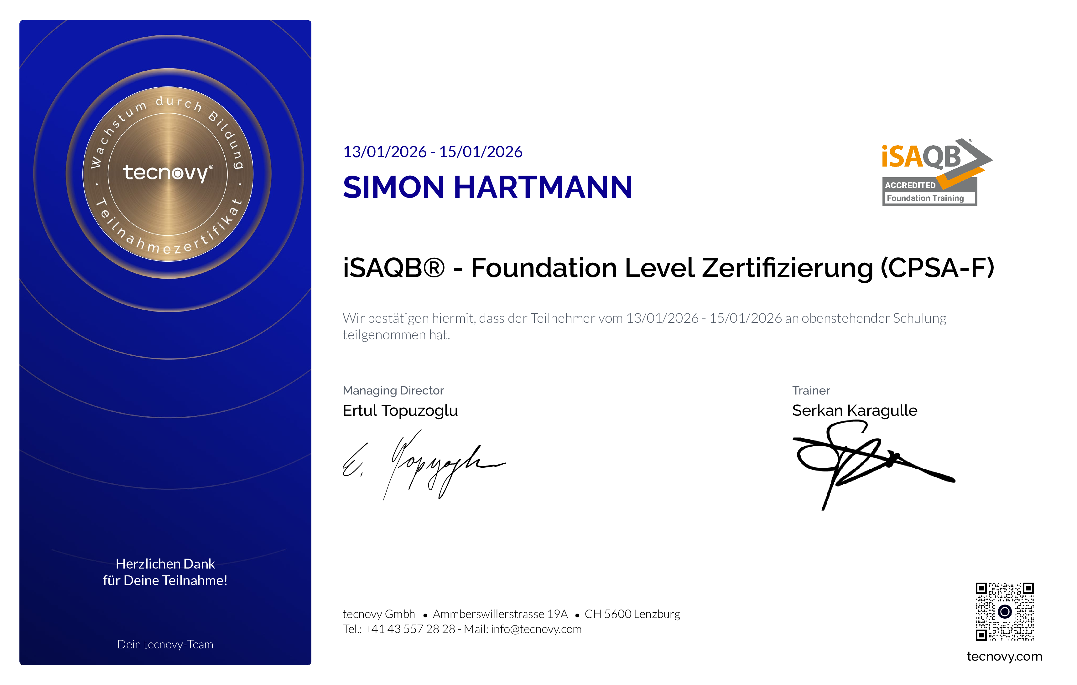 Preview of the certificate of Simon Hartmann