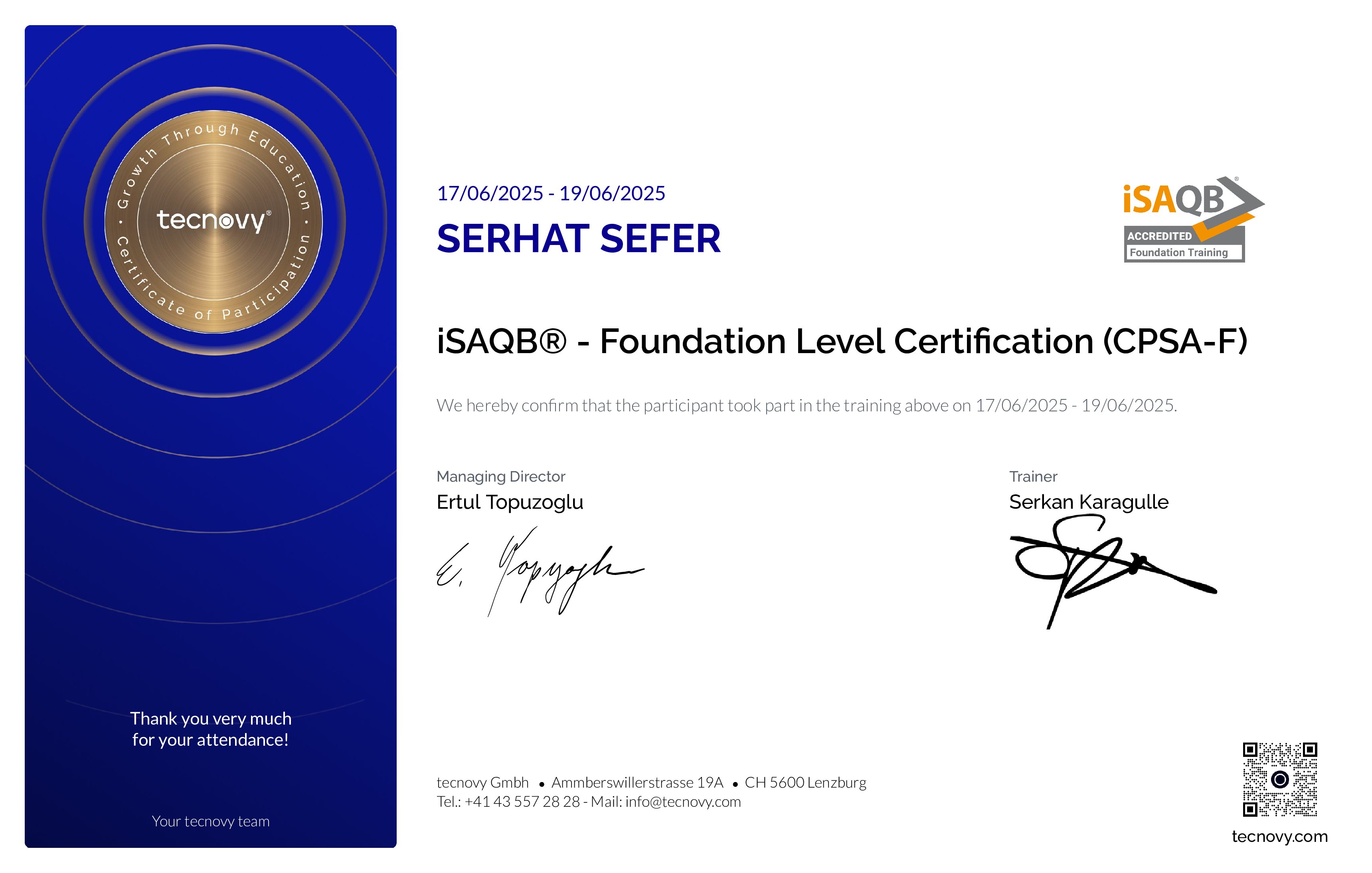 Preview of the certificate of Serhat Sefer