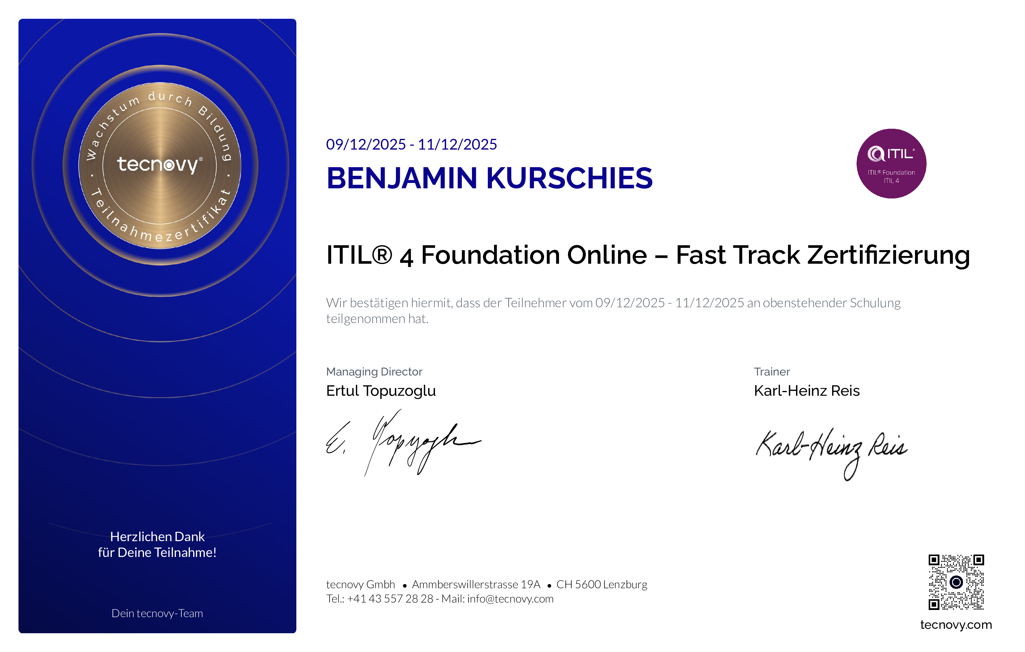 Preview of the certificate of Benjamin Kurschies
