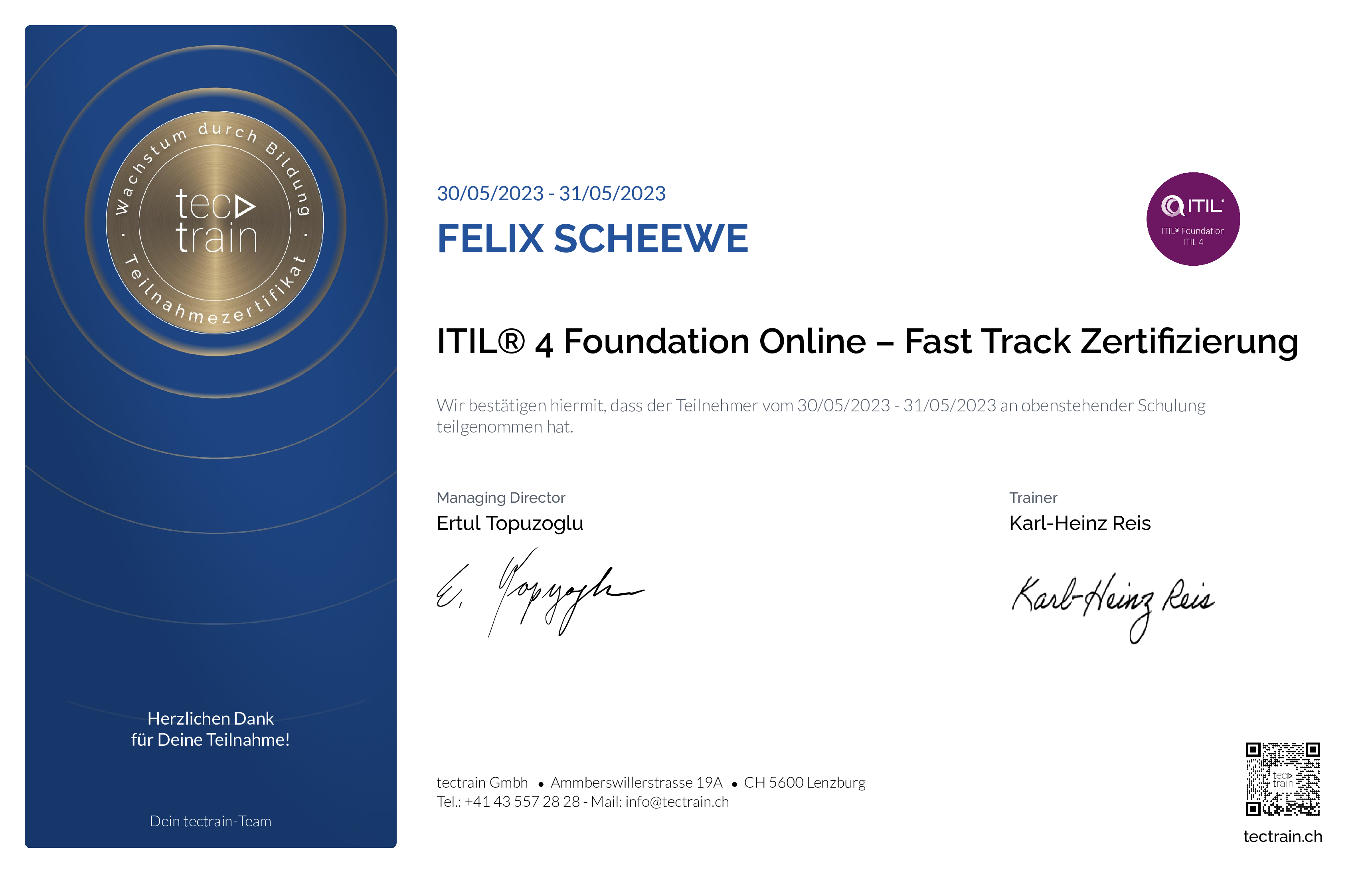 Preview of the certificate of Felix Scheewe