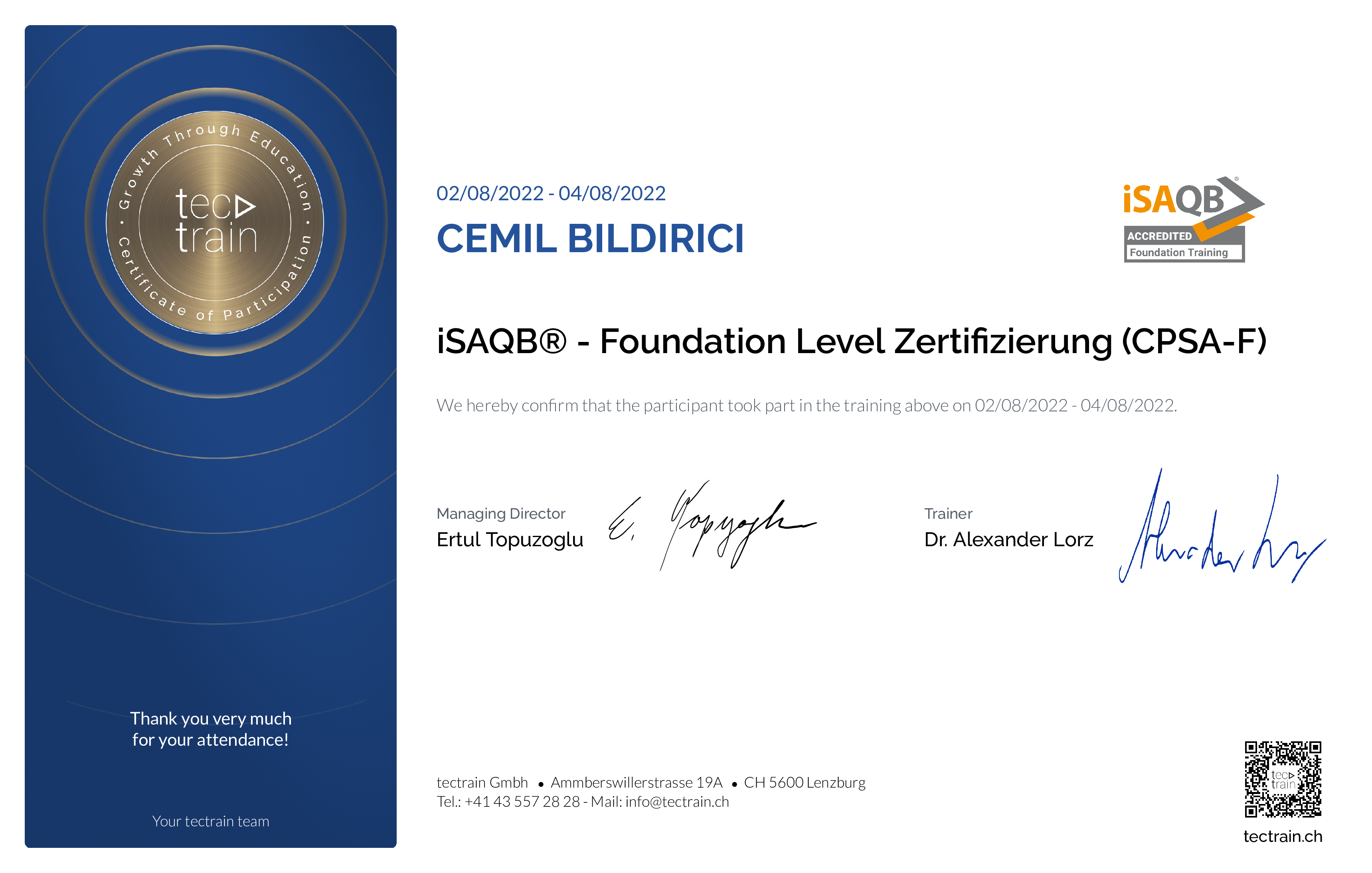 Preview of the certificate of Cemil Bildirici