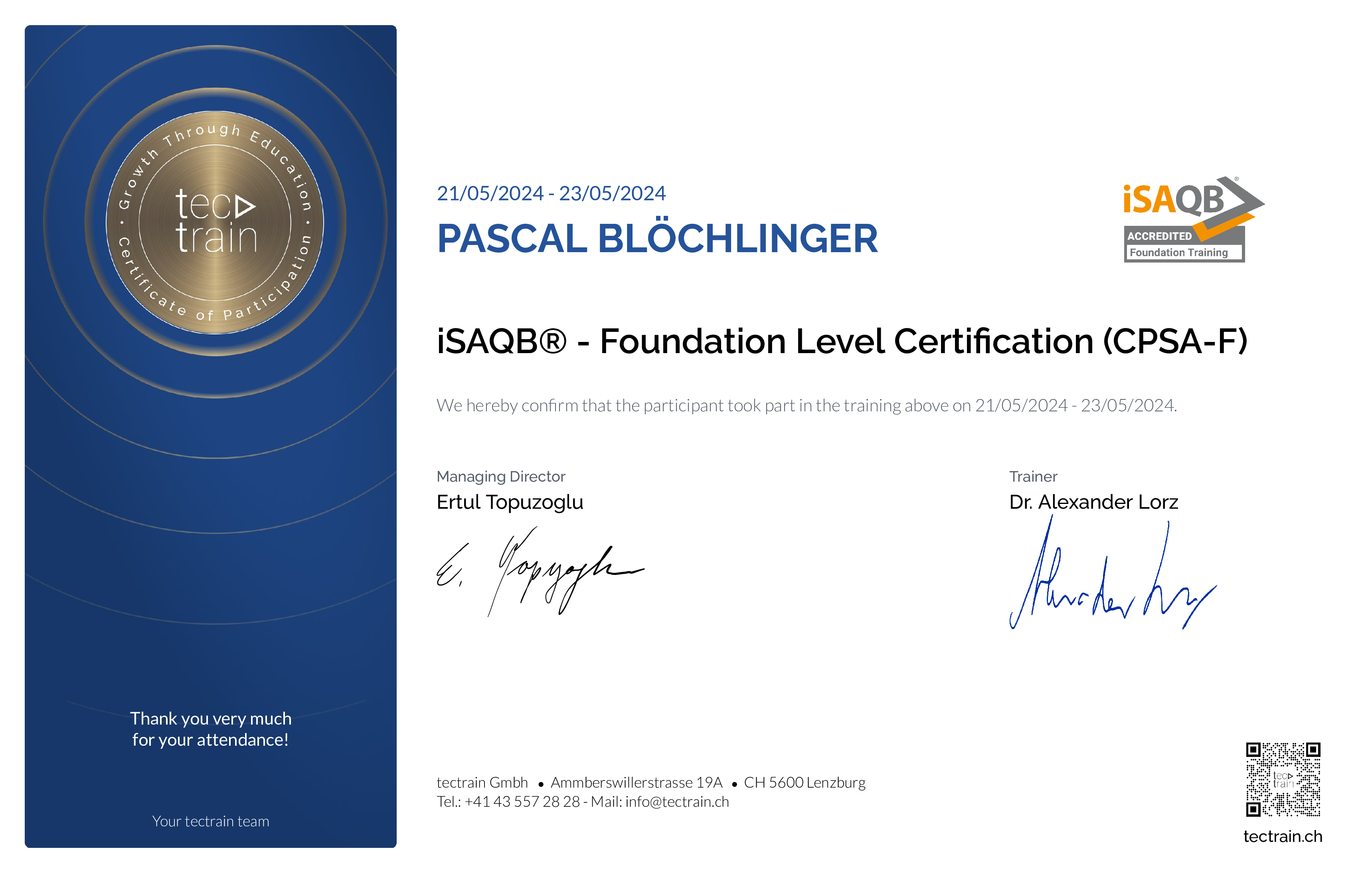 Preview of the certificate of Pascal Blöchlinger  	