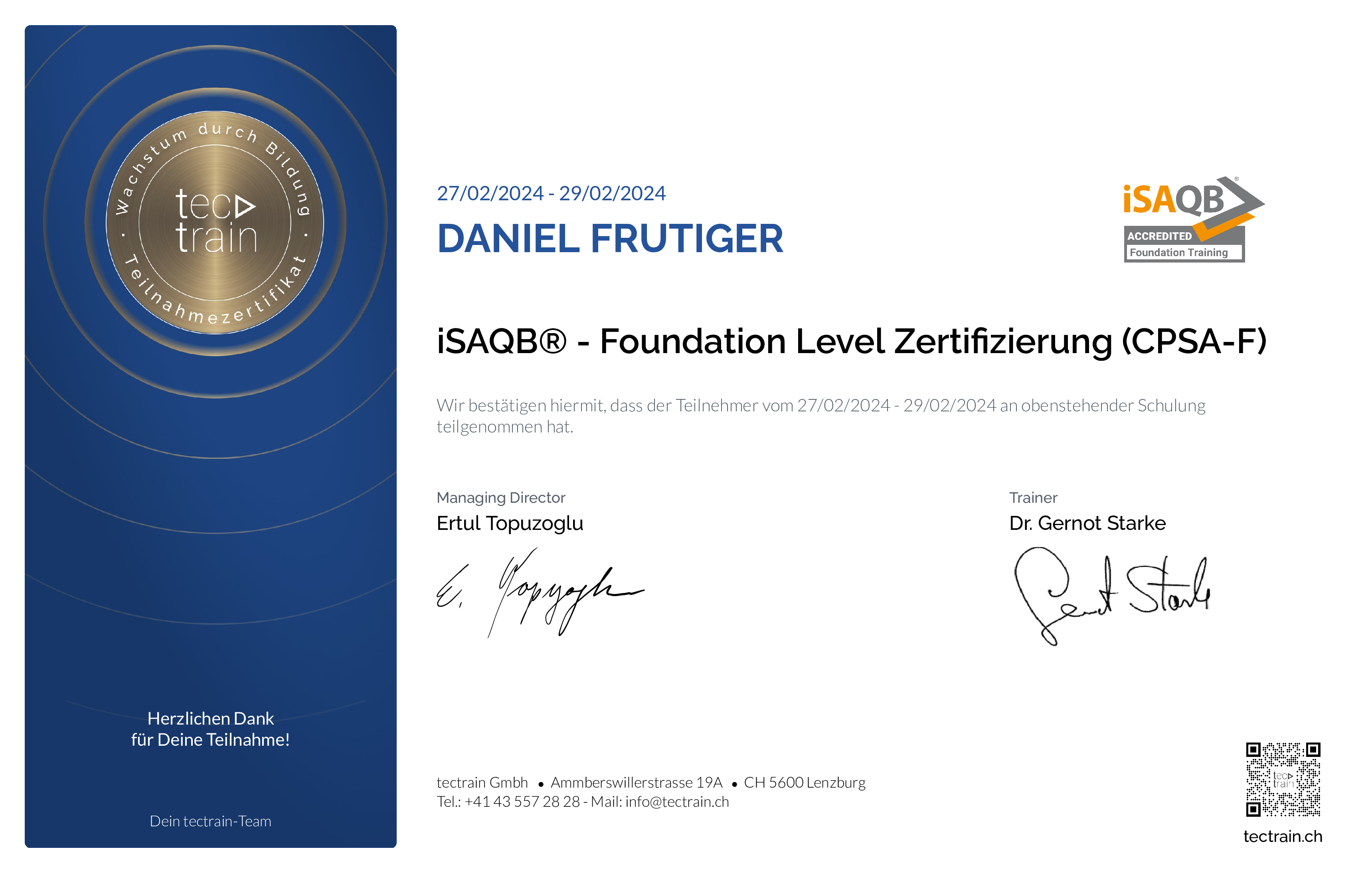 Preview of the certificate of Daniel Frutiger