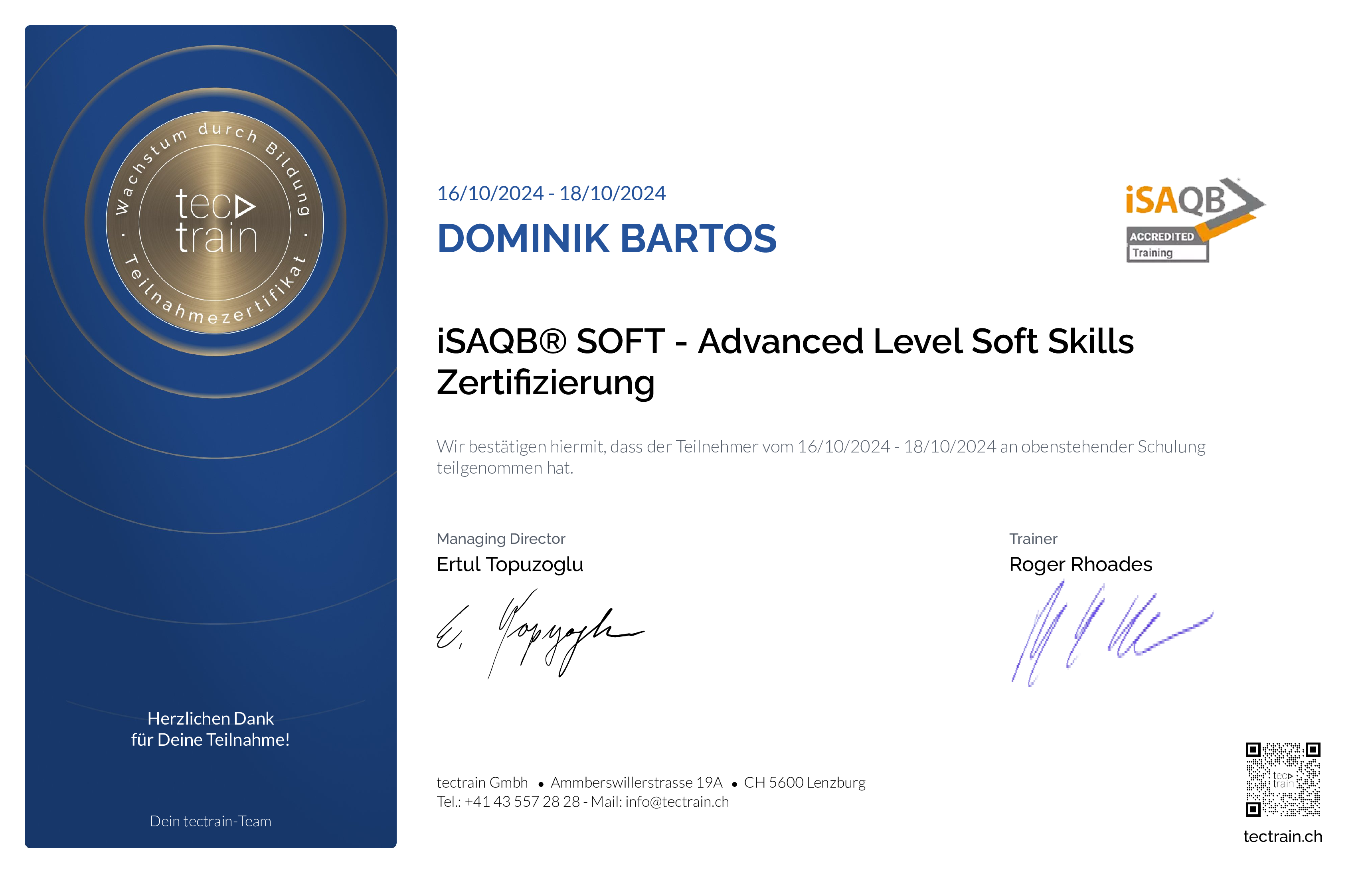 Preview of the certificate of Dominik Bartos