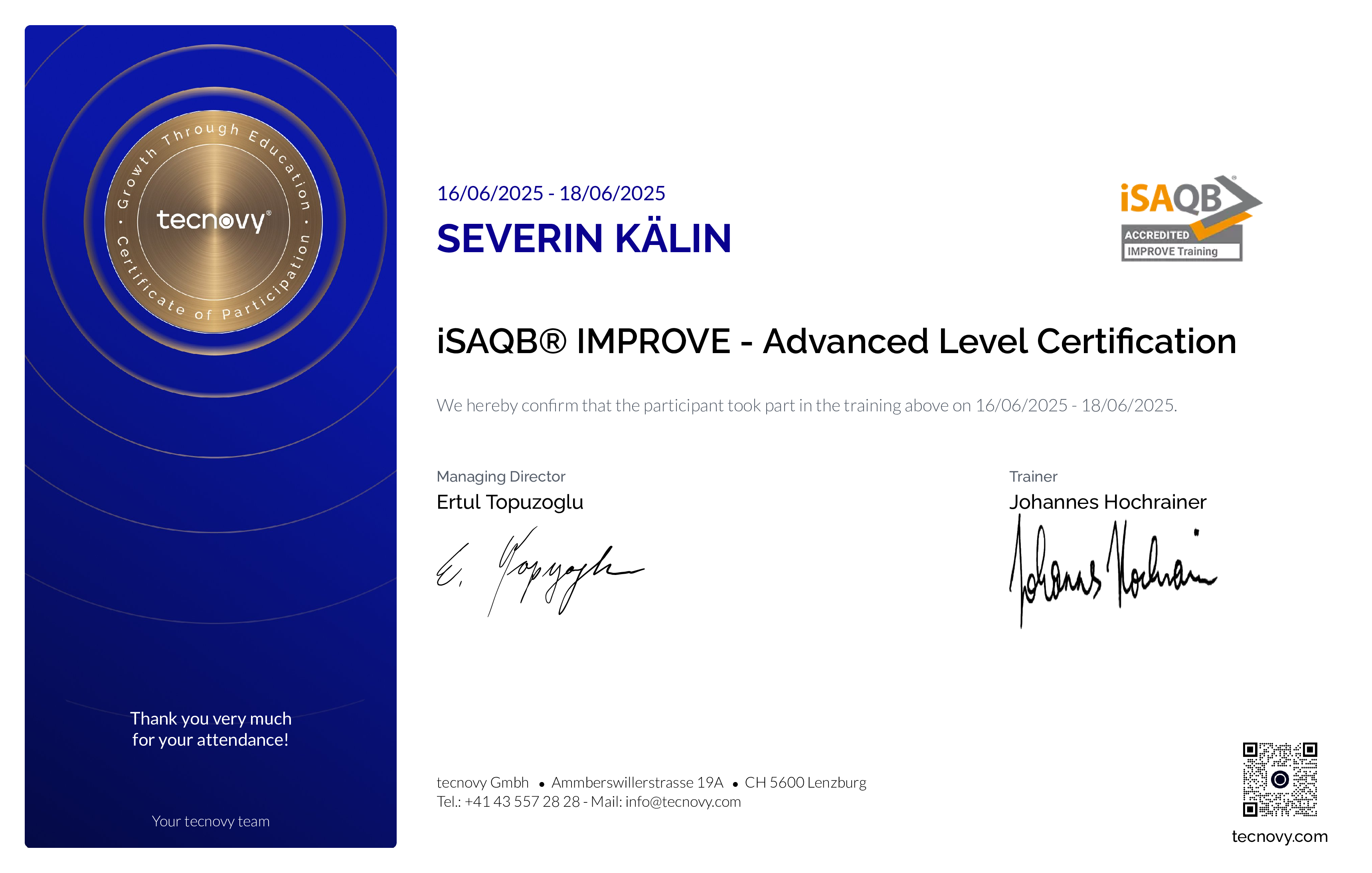 Preview of the certificate of Severin Kälin