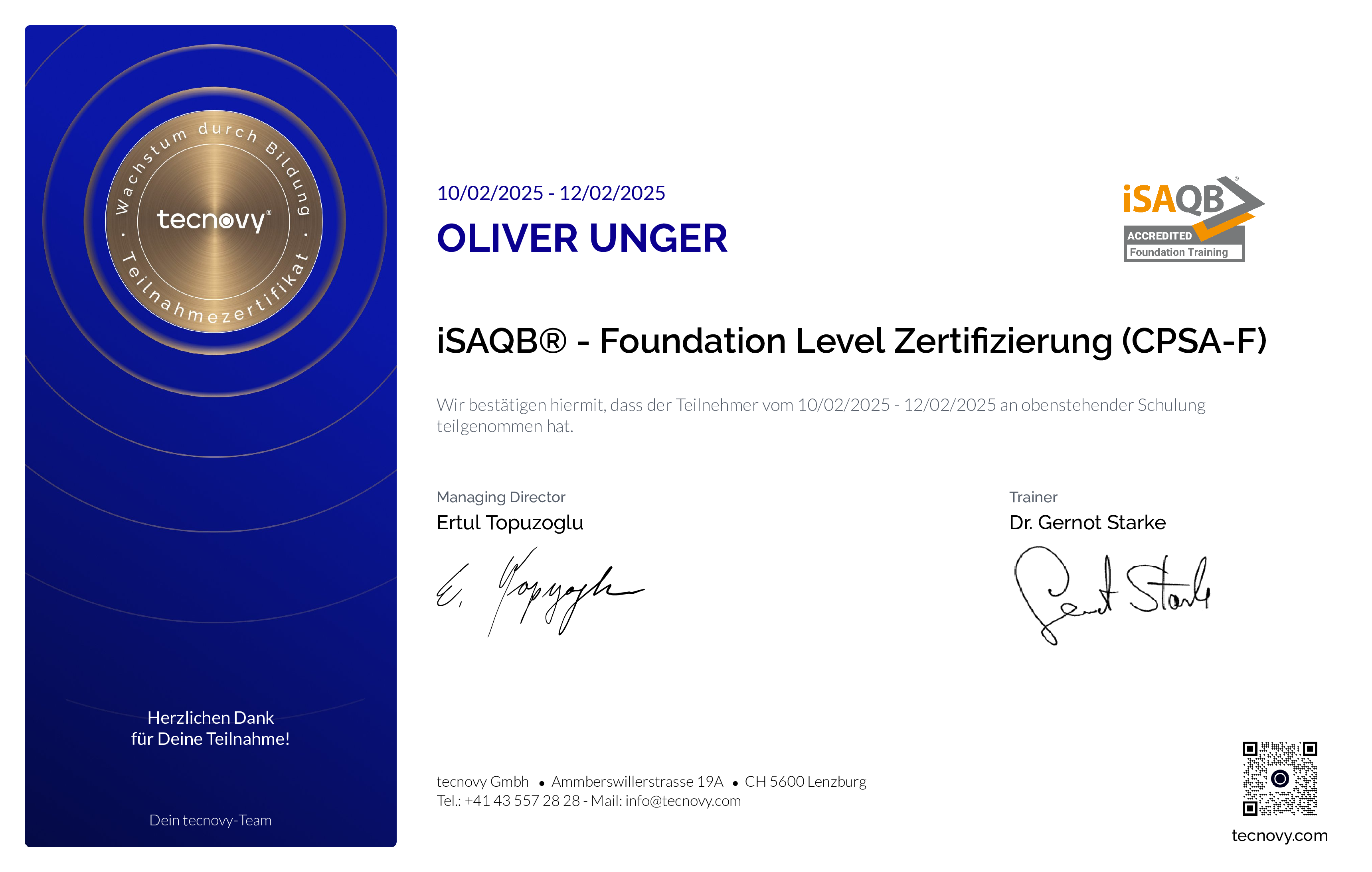 Preview of the certificate of Oliver Unger